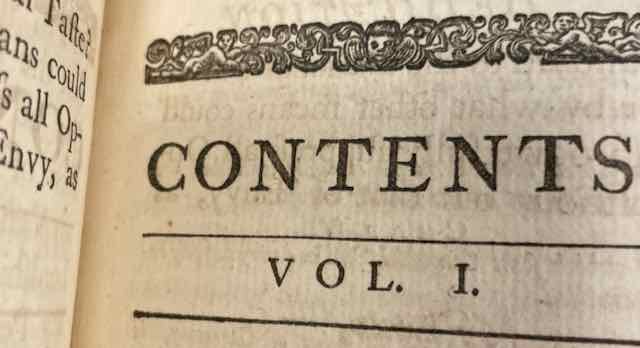 The header of a Contents page from an early edition of The Female Quixote, black print on beige paper.