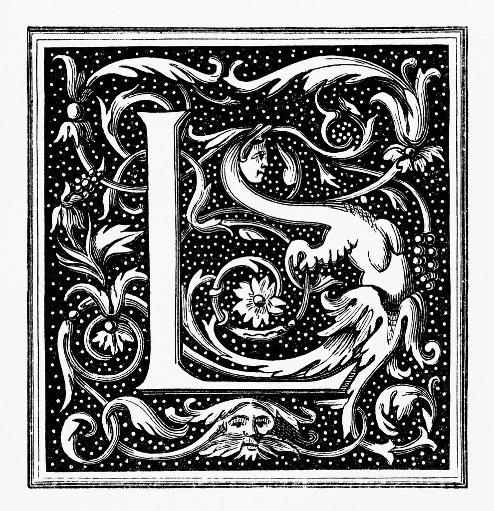 White capital L on a black field with white dots, surrounded by scrolling vines and flowers and a weird lamia-like figure giving strong Emperor's New Groove energy.