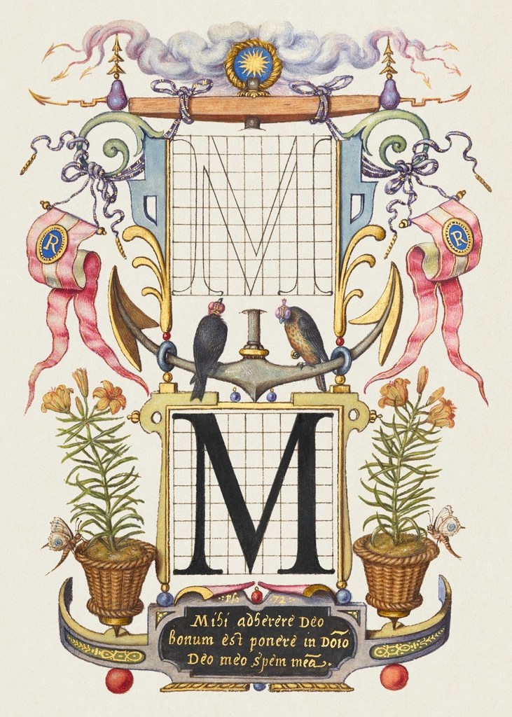 An illustration with two letter Ms on grids, hanging over an anchor with birds on it, with pennants on the sides, and potted day lillies on either side at the bottom. 