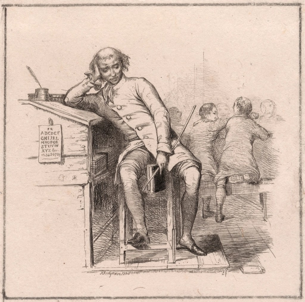 A drawing of an 18th-century schoolmaster leaning despondantly on his lecturn/desk while boys behind him wrestle and fight on their bench in the background. 